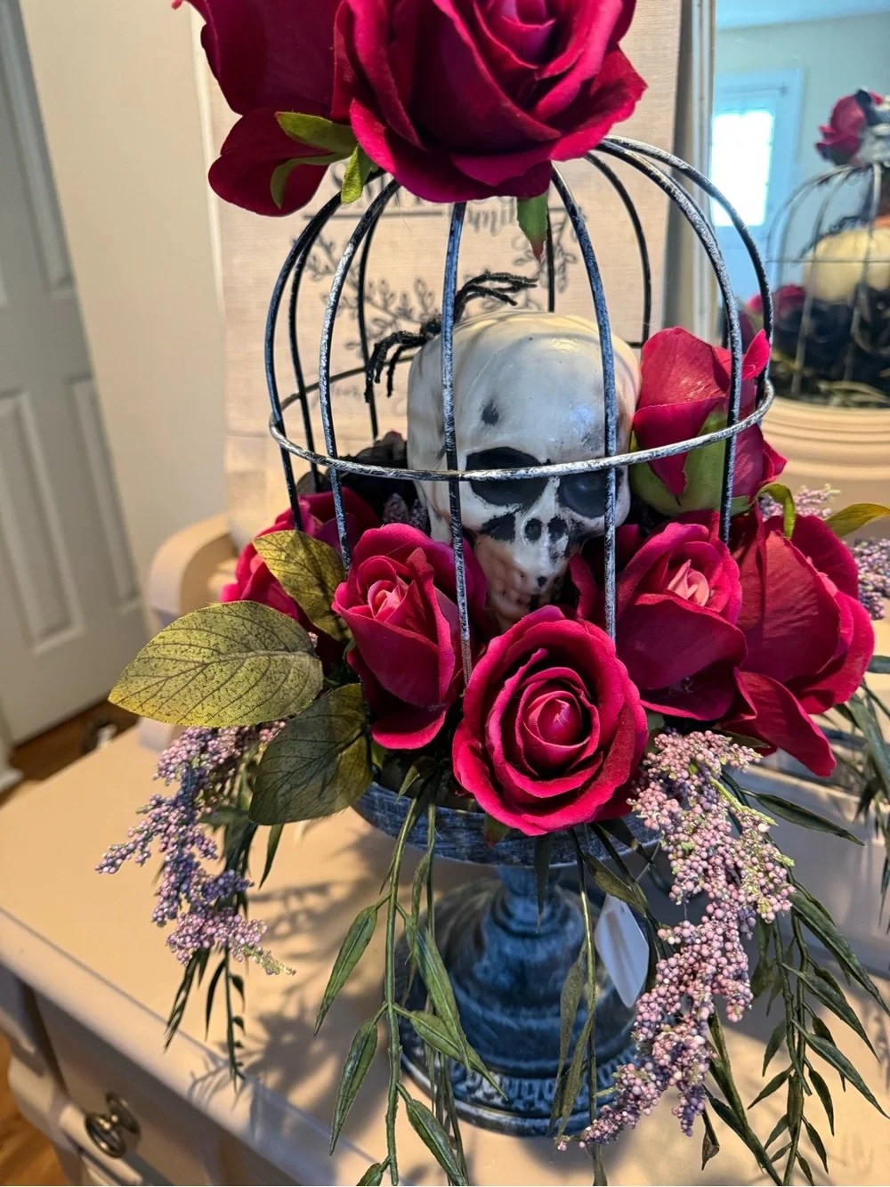 Martha Stewart 19’ Skull In Bird Cage with Dark Red Roses New With Tags
